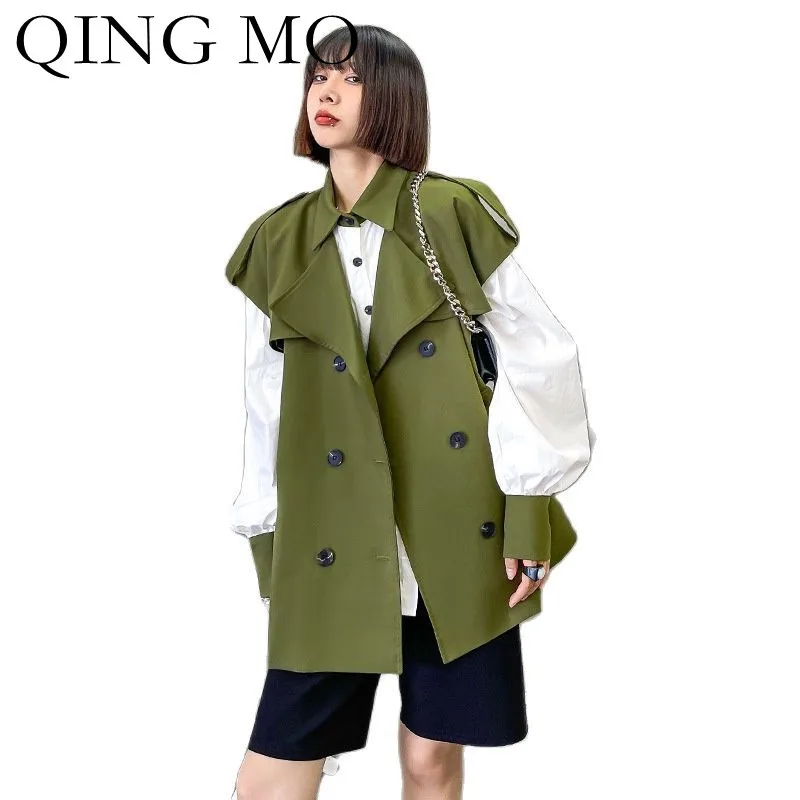 

QING MO Autumn Fashion Long Sleeved Blouse Suit Collar Vest + Blouse Two Loose And Thin 2021 Trend Stitching Shirt Women ZWL642