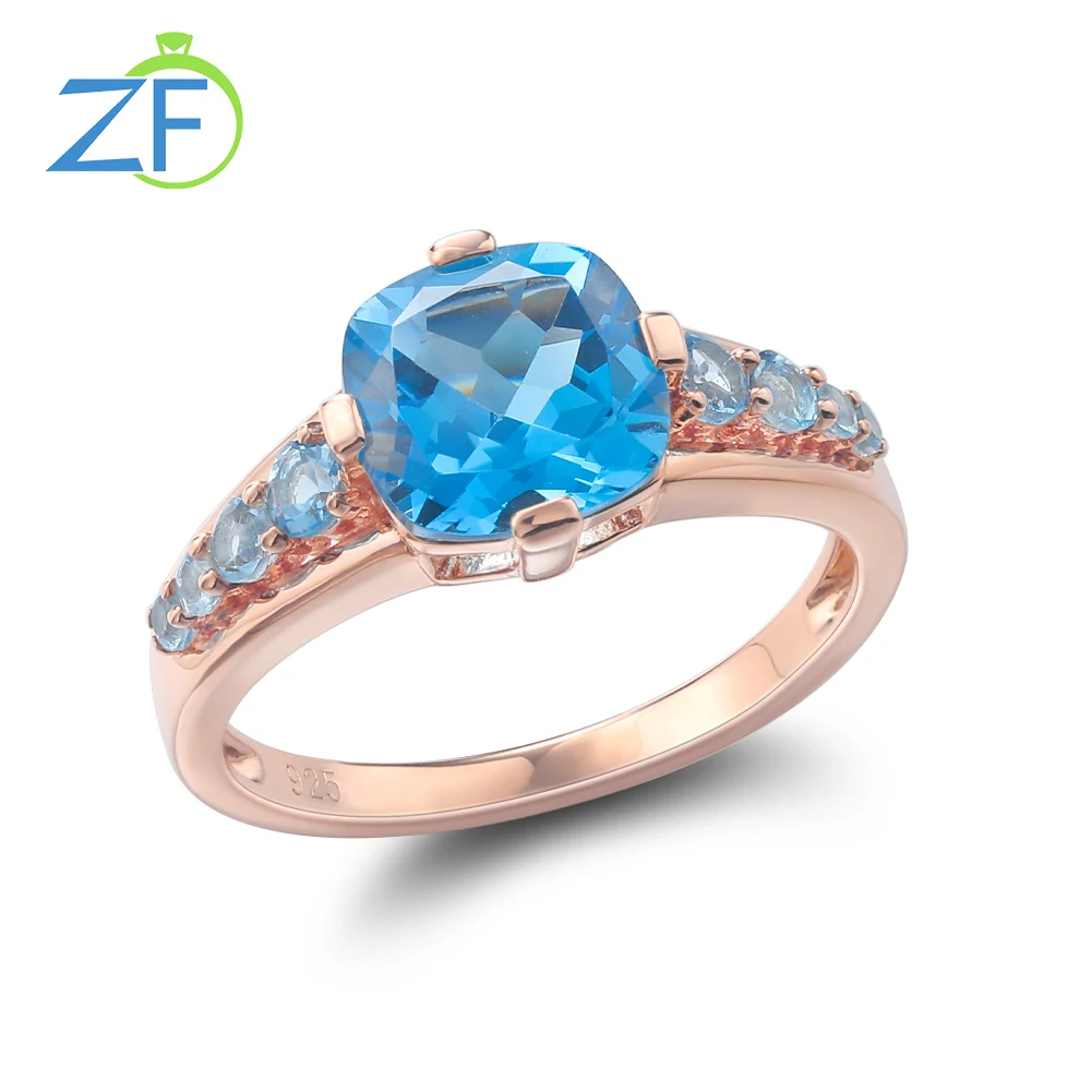 

GZ ZONGFA Genuine 925 Sterling Silver Ring for Women 8*8MM 2 Carats Natural Blue Topaz 14K Rose Plated Fashion Fine Jewelry