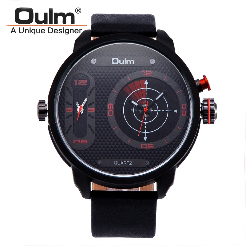 

Oulm New Style LED Fashion Watches Men Two Time Zone Sport Quartz Wristwatch Casual Leather Strap Watch Male Clock