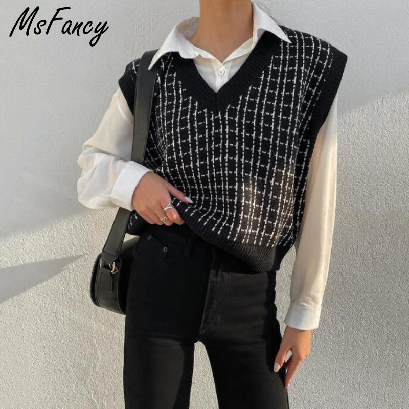 Msfancy клетчатый свитер жилет Женский вязаный пуловер без рукавов с V образным