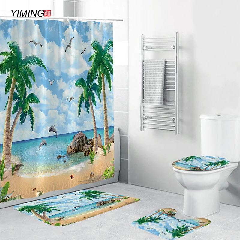 Coastal Beach Scenery Printed Pattern Shower Curtain Pedestal Rug Lid Toilet Cover Mat Bath Mat Set Bathroom Curtains with Hooks enlarge
