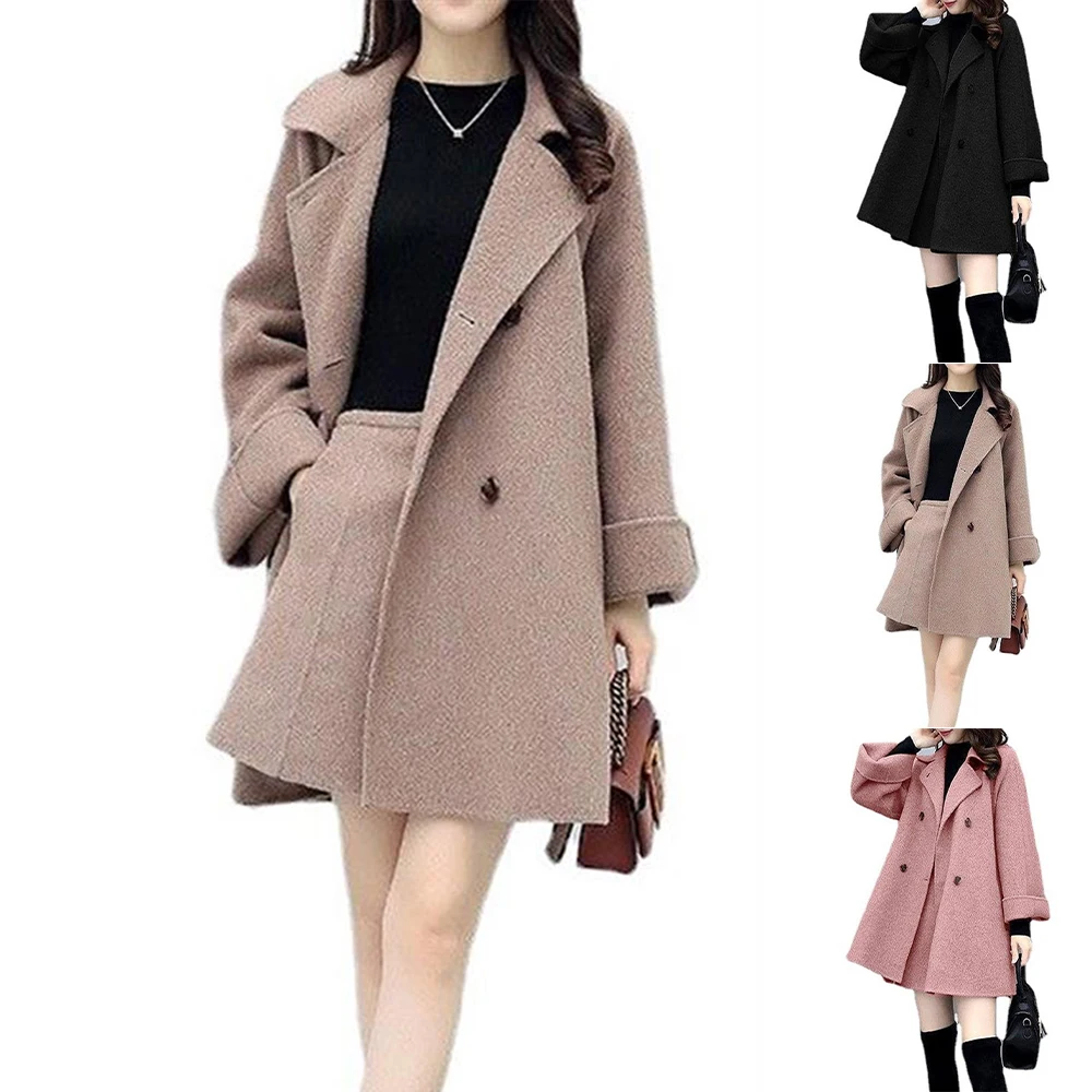 

Button Loose Coats Women Solid Long Sleeve Mid-Length Autumn Winter Trench Coat Skirts Sets Warm Office Blend