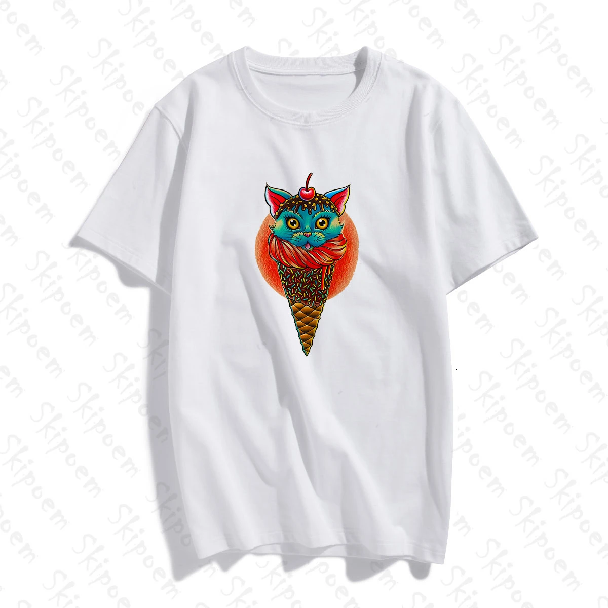 

Женская Винтажная футболка из размера плюс хлопка, с изображением мороженого и кота, в стиле Харадзюку, с коротким рукавом, в Корейском стил...