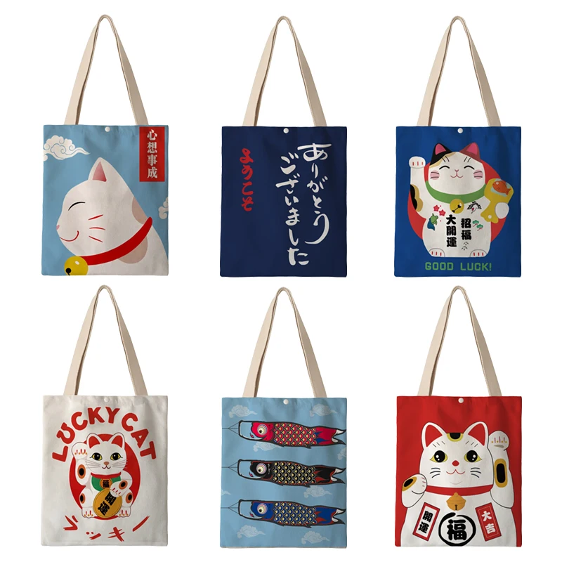 Cute Japanese Fortune Cat Print Canvas Shoulder Bag Women Eco Reusable Shopping Travel Book Bags Lady AKB01265