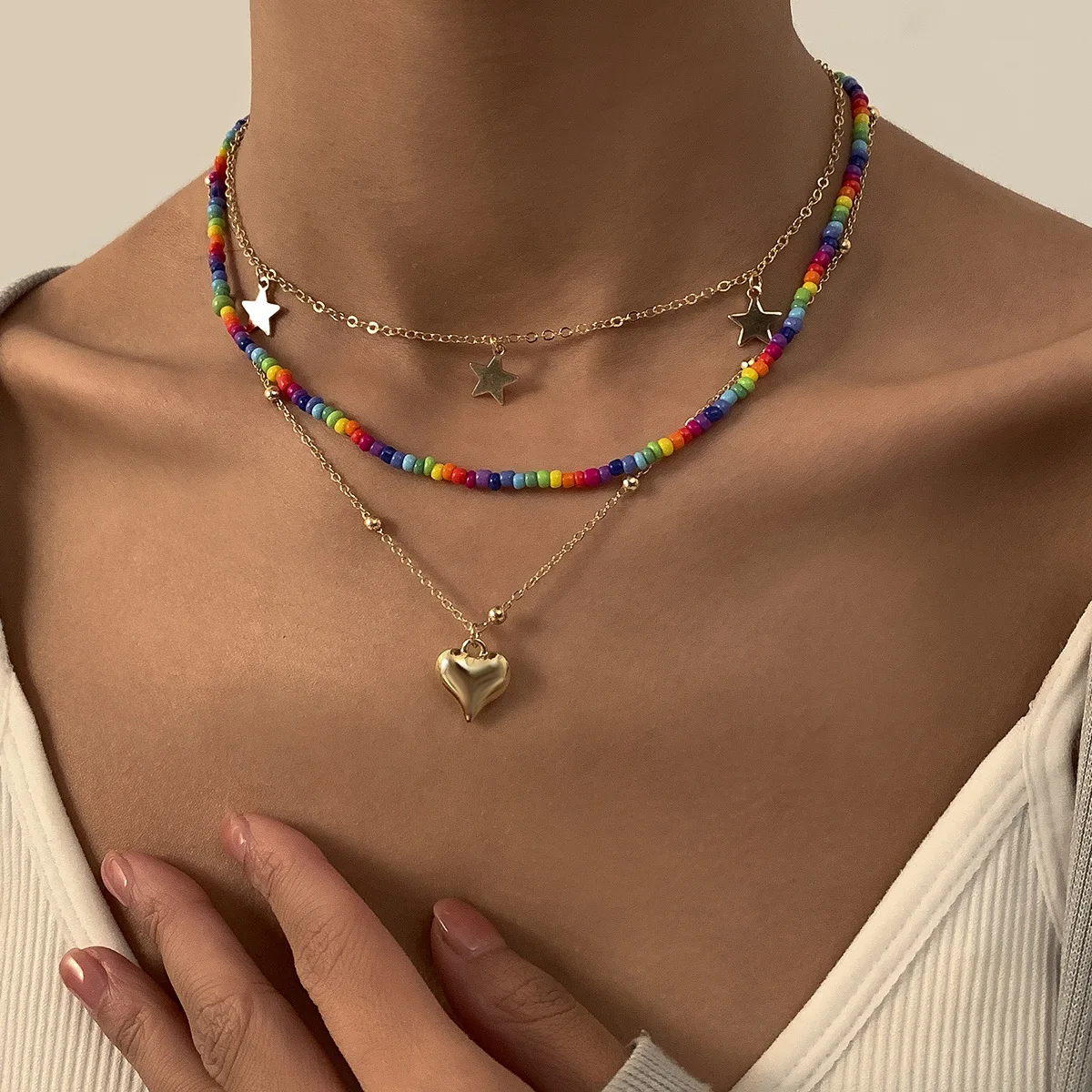 

Fashion Bohemian Multicolor Acrylic Beaded Necklaces For Women Girls Star Heart Pendant Layered Choker Chains Necklaces 2021
