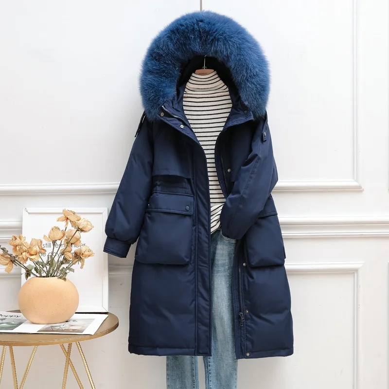 FTLZZ зимний женский длинный пуховик с большим натуральным меховым воротником