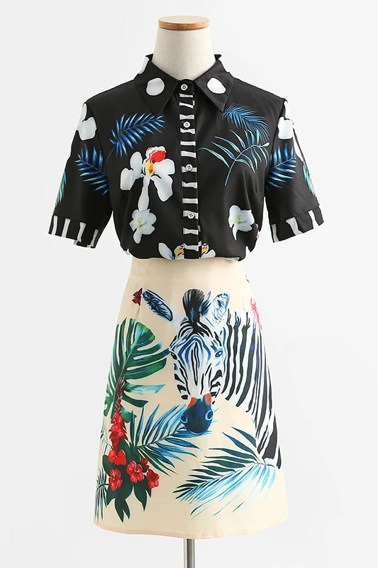 

French temperament Royal sister style ladies 2021 summer new slim and thin printed shirt bag hip skirt female