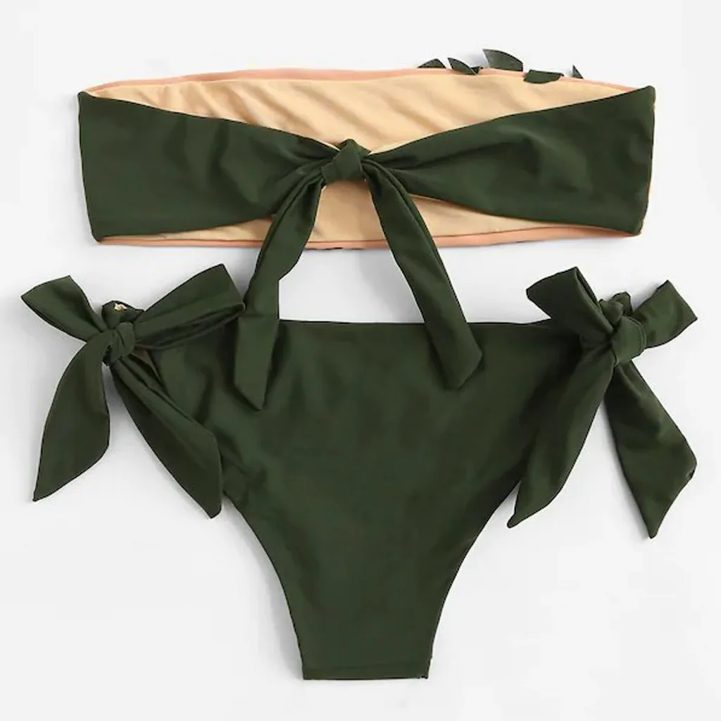Модный женский комплект бикини без бретелек две части листья бандаж накидка