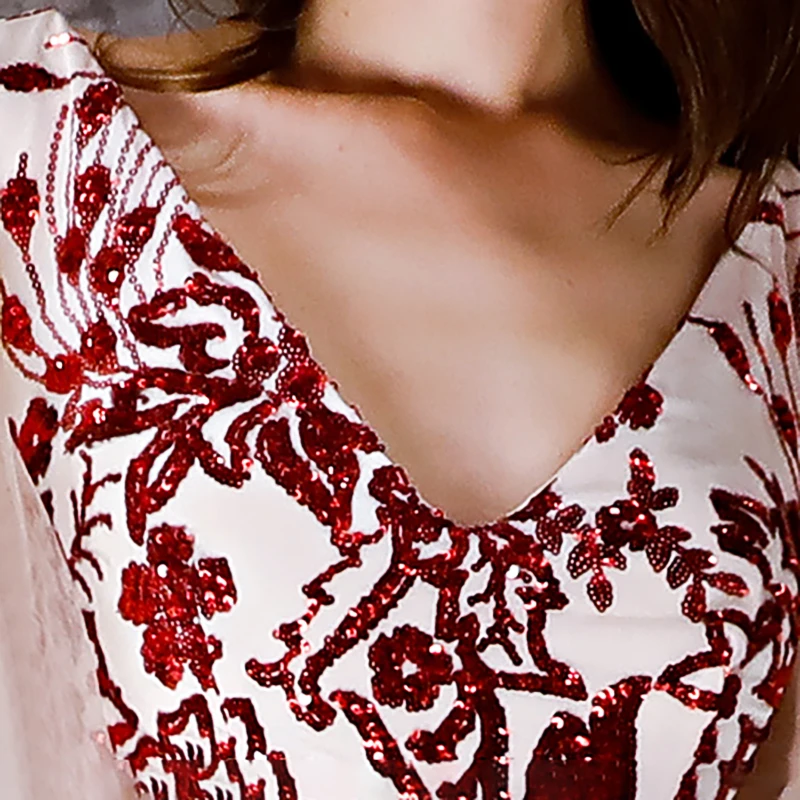 

Evening Dresses V-neck Burgundy Sequins Tulle Half Sleeves Zipper Back Plus size Floor-length Trumpet New Women Party Dress C021