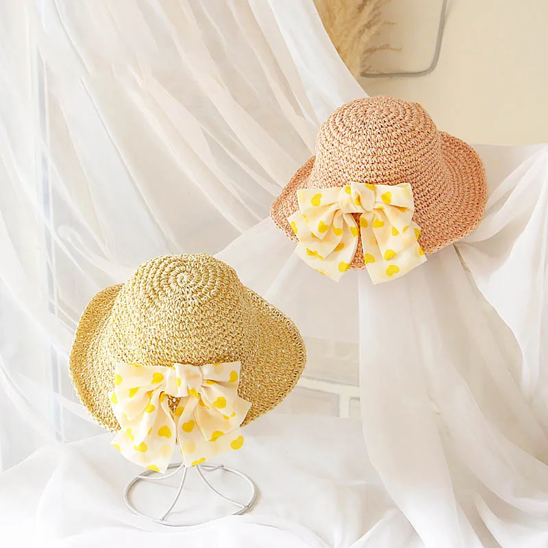 

2022 summer Hand Crochet Hollow Flower Sun Hats For Child Toddler Kids Bowknot Wide Brim Fashion Baby Girls Straw Hat Beach Hat