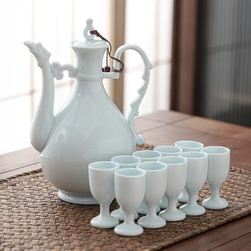 

Antique celadon porcelain disc, goblet, wine, gift set, Baijiu yellow wine, Chinese wine pot shot glasses set