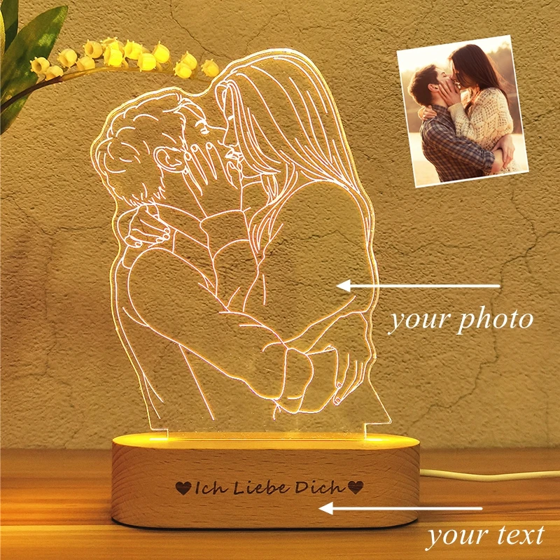 

Customized 3D Photo Night Light USB DIY Night Lamp Personalized Text Wooden Base Home Decoration Wedding Birthday Christmas Gift