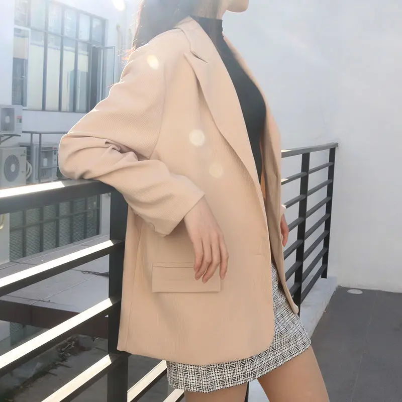 

PEONFLY Women Chic Single Breasted Blazer Vintage Coat Fashion Notched Collar Long Sleeve Ladies Outerwear Korean Style Tops