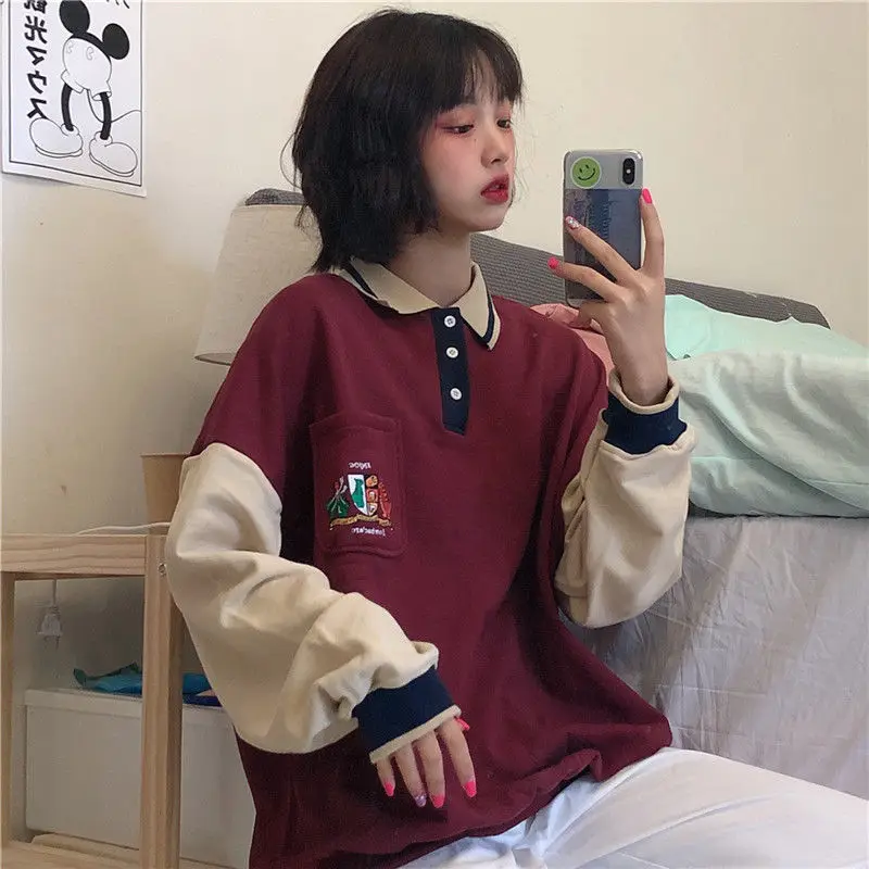 HOUZHOU Women Sweetshirts Kawaii Harajuku Pullovers Polo Sudaderas Vintage Clothes Korean Fashion Street Style Tops Patchwork
