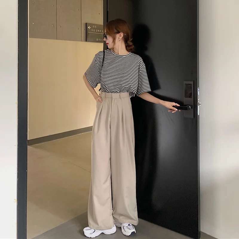 

Casual Pants Women Chic Fashion Womens Straight Pant High Waist Autumn Simple Solid Loose Apricot All-match Leisure Ulzzang Ins