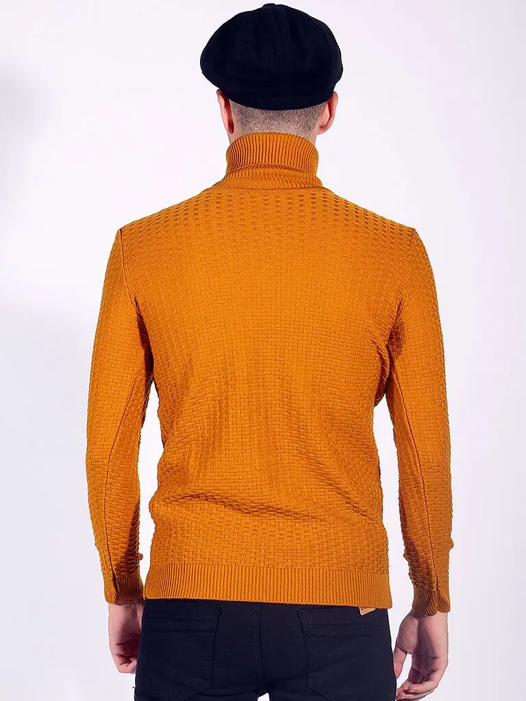 

Mens Turtleneck Camel Basket Knit Sweater