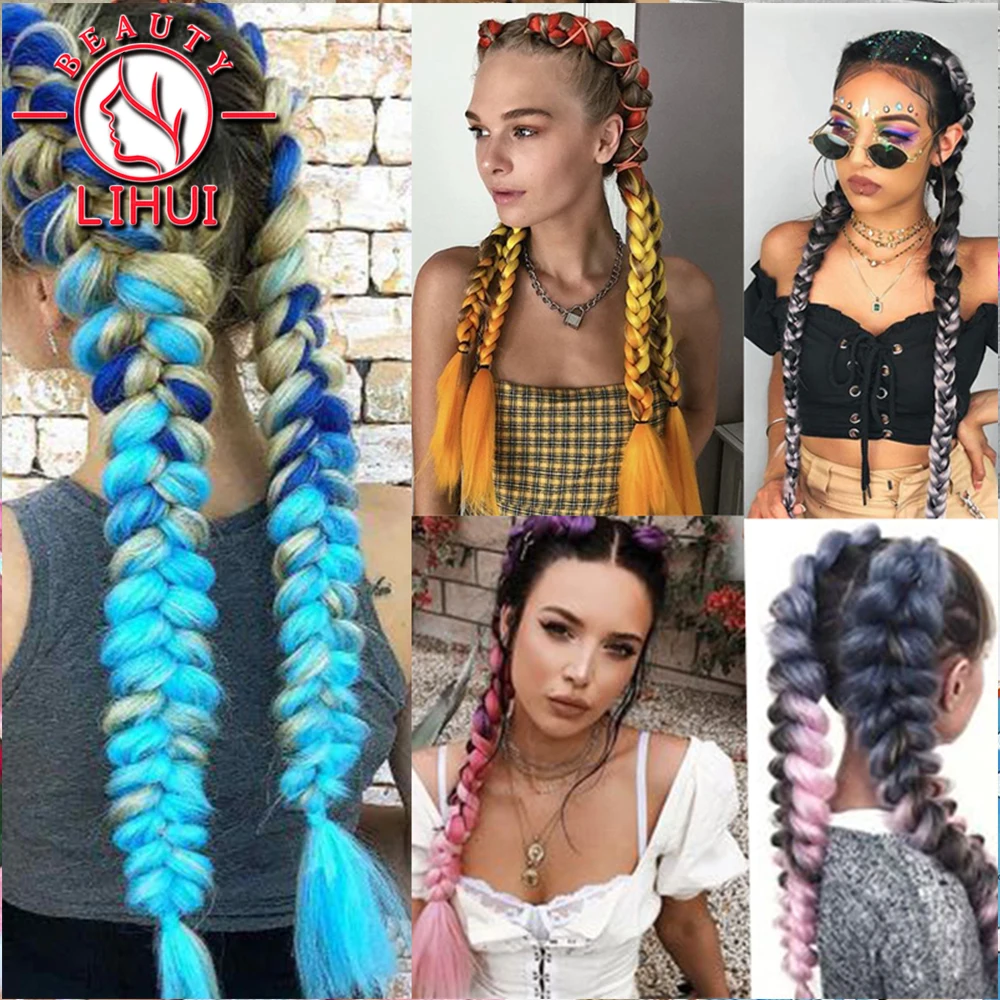 LIHUI 10packs Women Long Ombre Glowing Twist Synthetic Braiding Hair Extension 24&quotJumbo Braids Pink Blonde Green Two Tone Color |