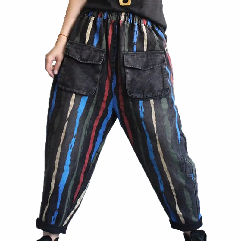 

Весна 2023, модные женские Винтажные эластичные джинсы в китайском стиле, женские полосатые шаровары, женские свободные джинсовые брюки с напуском