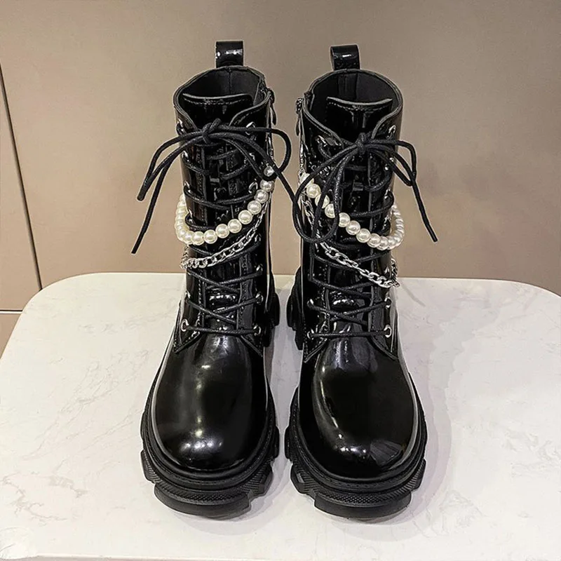 2021 shoes woman Boots Women Chunky Martin Shoes Zipper Cross Strap Pearl Chain Fashion Platform Ankle Boots Thick Heels