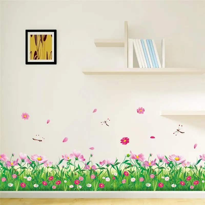 

Vivid Cosmoses Flower Dragonfly Wall Decal Home Decorative Stickers Baseboard Diy Bedroom Baseboard Wall Mural Art Pvc Poster
