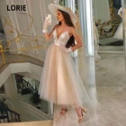 Женское свадебное платье на бретельках LORIE, короткое ТРАПЕЦИЕВИДНОЕ ПЛАТЬЕ цвета шампанского с аппликацией, длиной до середины икры, платье невесты, 2021