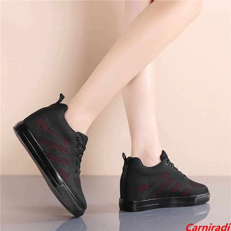 

Fashion Lace-up Height Increase Casual Shoes Women Spring Flying Weave Breathable Sneakers Ladies Non-slip Sport Jogging Shoes
