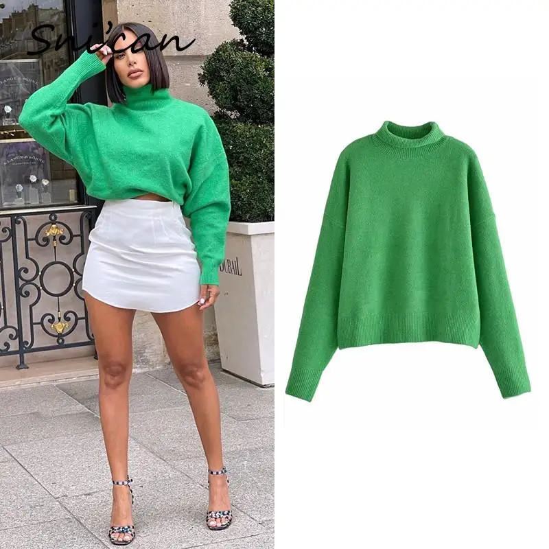 Женский трикотажный свитер Za зеленый однотонный Свободный пуловер с высоким