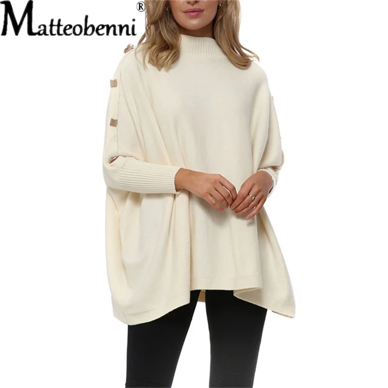 

Fashion Casual Knitted Sweater Button O Neck Bat Long Sleeve Jumpers for Women Loose Vintage Sweater Pullover Autumn Winter 2021