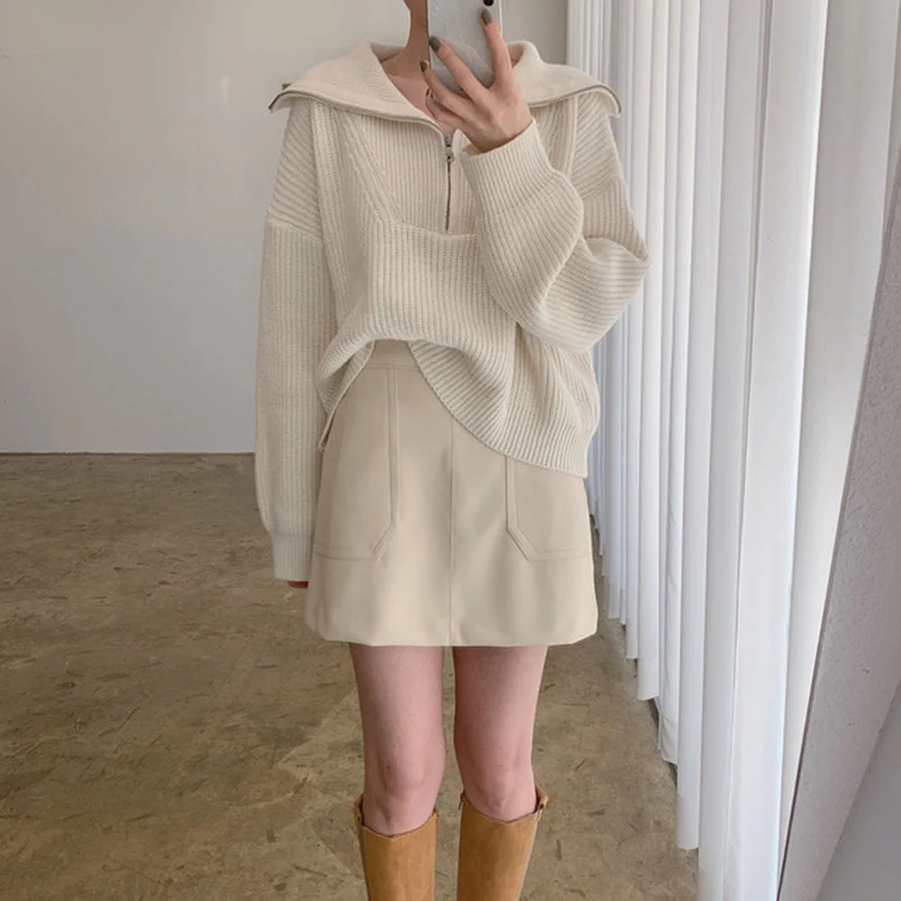 

Модный женский свитер в Корейском стиле, однотонный простой плотный теплый пуловер с длинным рукавом, Свободные Повседневные вязаные топы, ...