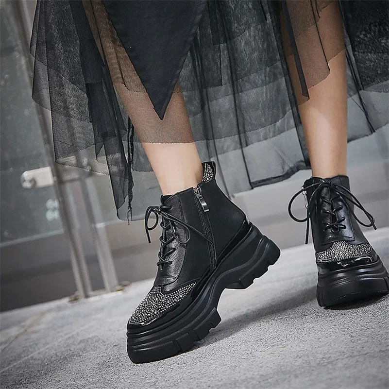 FEDONAS Winter Basic Women Ankle Boots Rhinestone Casual Platform Shoes Woman Genuine Leather High Heeled Party Short Boots