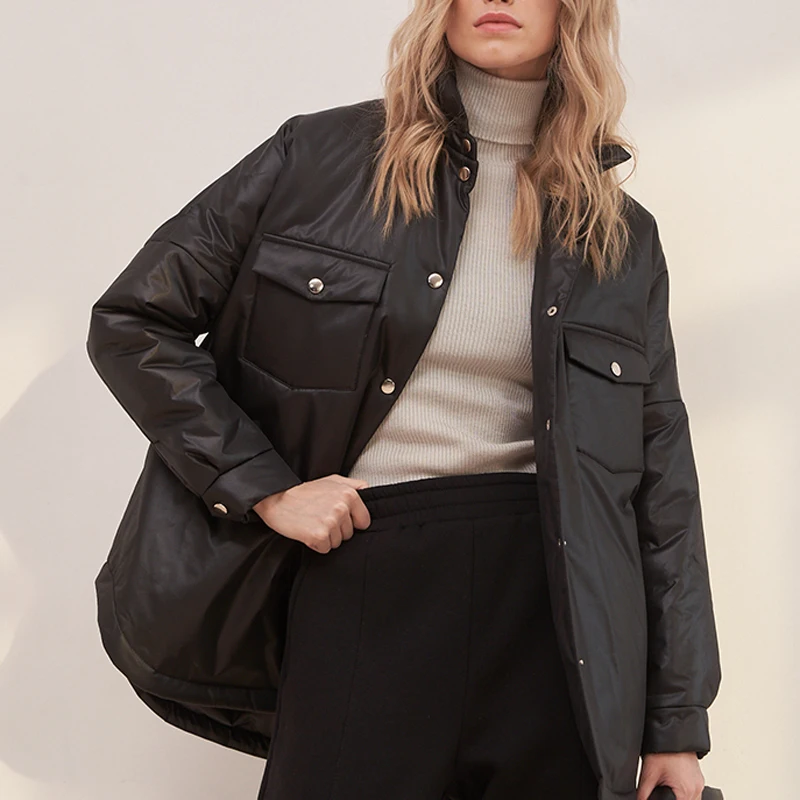 

Autumn Winter Parkas Women Fashion Waist Tie Belt Cotton Jackets Female Elegant Turn Down Collar Outerwear Ladies Coat 2021