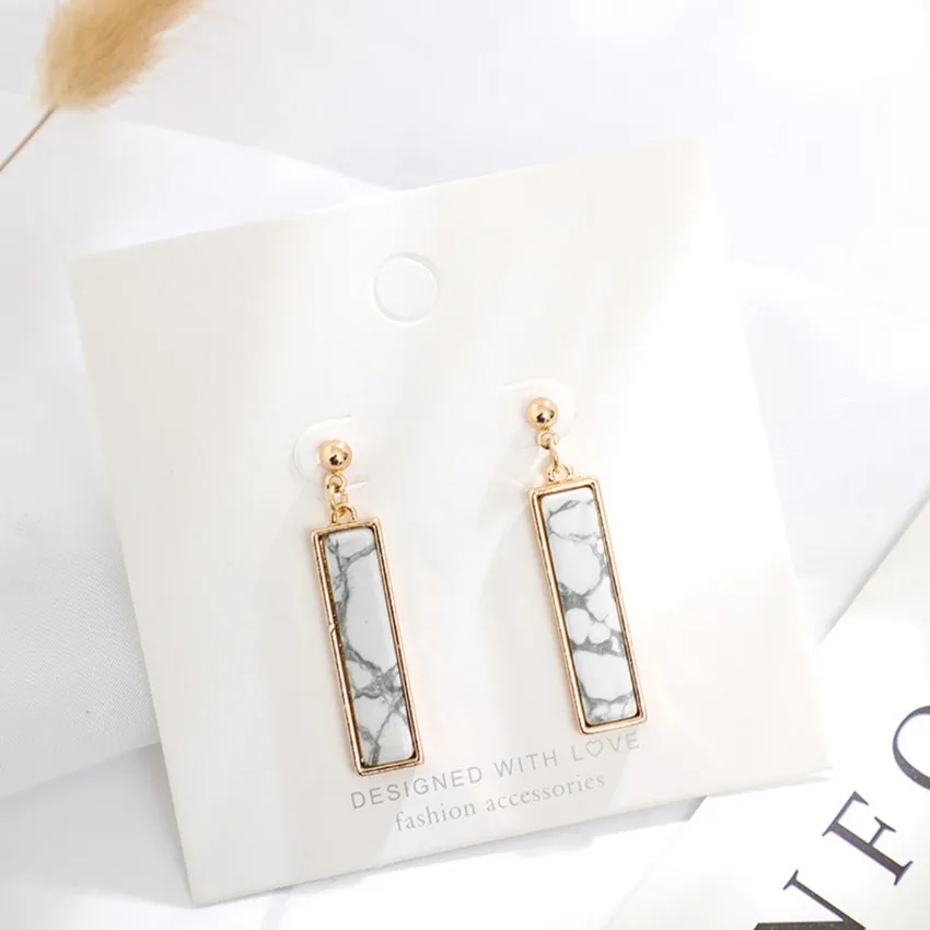 

FYJS Unique Light Yellow Gold Color Rectangle Shape Malachite Stone Stud Earrings White Howlite Jewelry