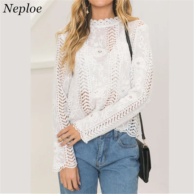 Женская кружевная блузка с воротником стойкой и длинным рукавом|blusas fashion|lace