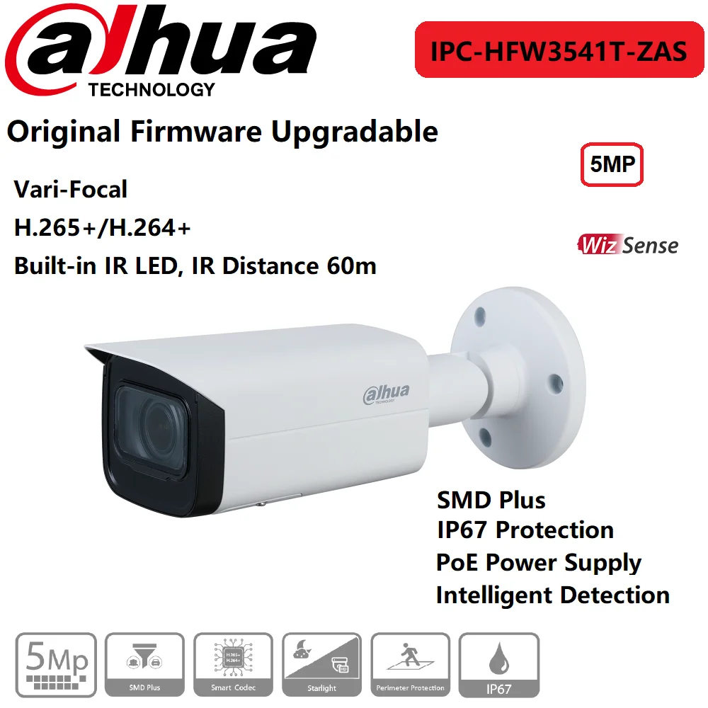 

Dahua IP Camera 5MP IPC-HFW3541T-ZAS Original IR60m Vari-focal Bullet WizSense Network Camera PoE Power Buit-in Mic/Speaker