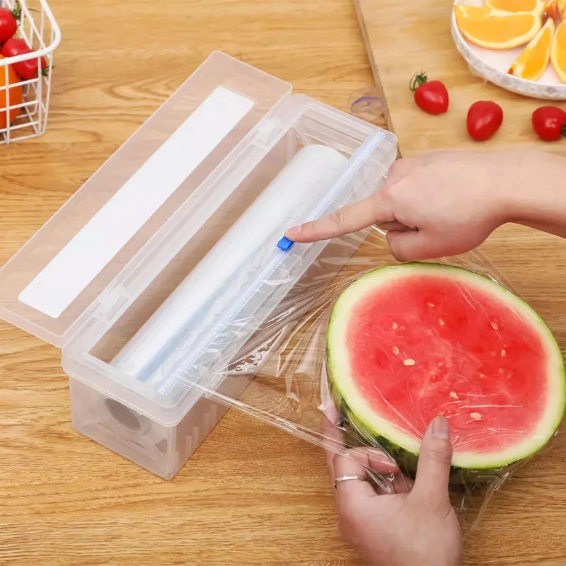 

Plastic Food Wrap Dispenser With Slide Cutter Adjustable Cling Film Cutter Preservation Foil Storage Box With Suction Bottom