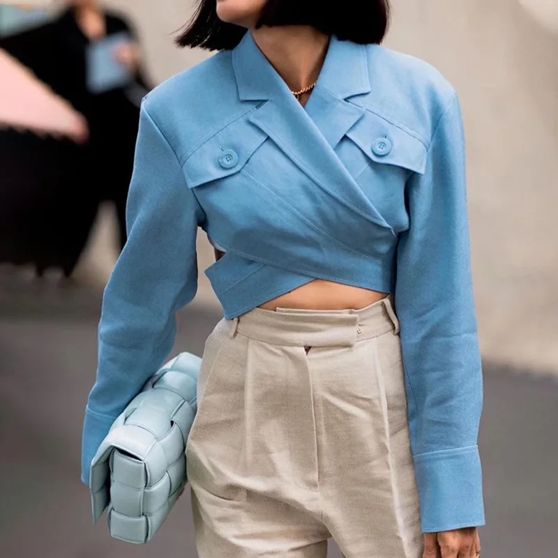

Street Fashion Women Short Design Crossing Ribbons Belted Waist Blazer Turn-down Collar Lady Casual Suit Top