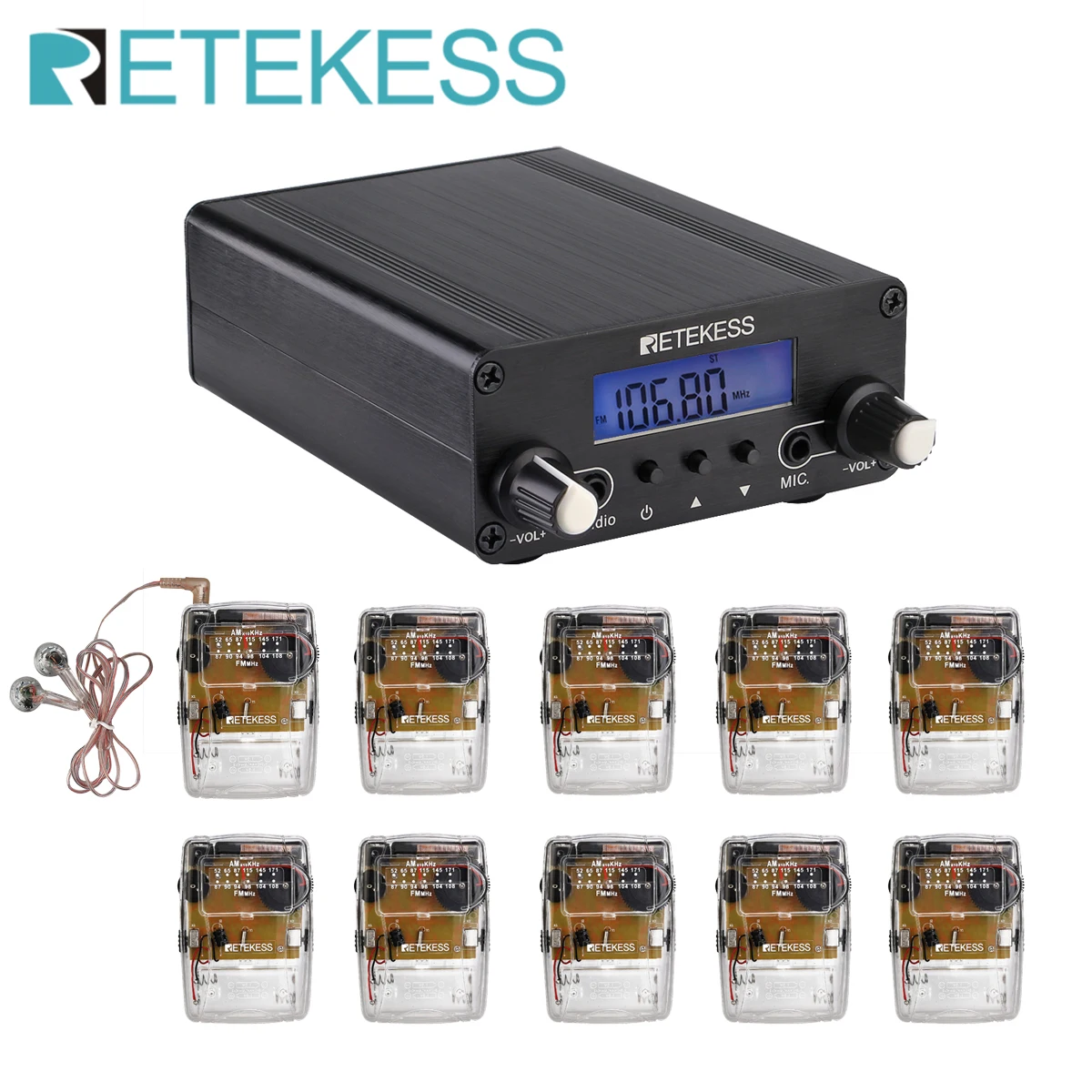 Беспроводной fm передатчик Retekess TR508 радиостанция + 10 шт. радио TR624 для церковного