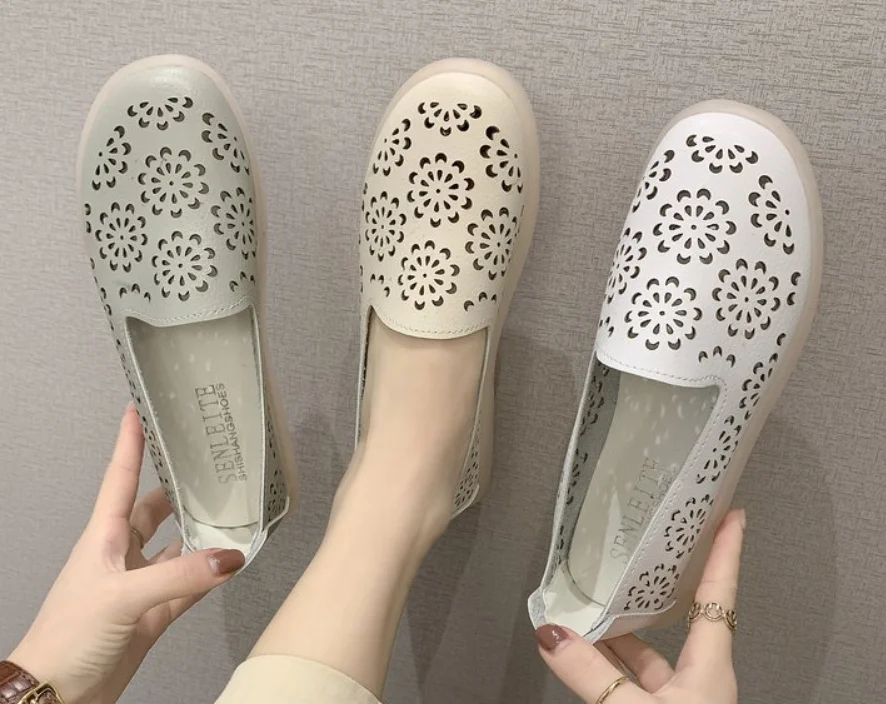 

Leather Women Flats New Cut-Outs Summer Shoes Woman Hollow Women's Loafers Female Solid Shoe