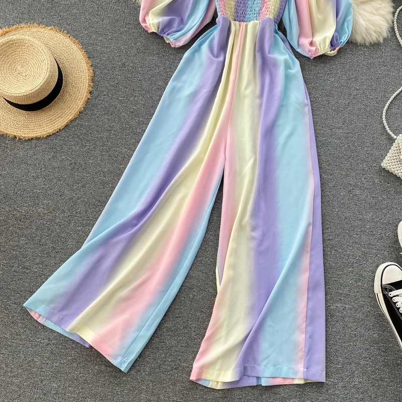 

2021 Slim Gradient Print Autumn Rainbow Full Length Jumpsuit Casual High Waist OL Elegant Rompers Women Beach Holiday Romper