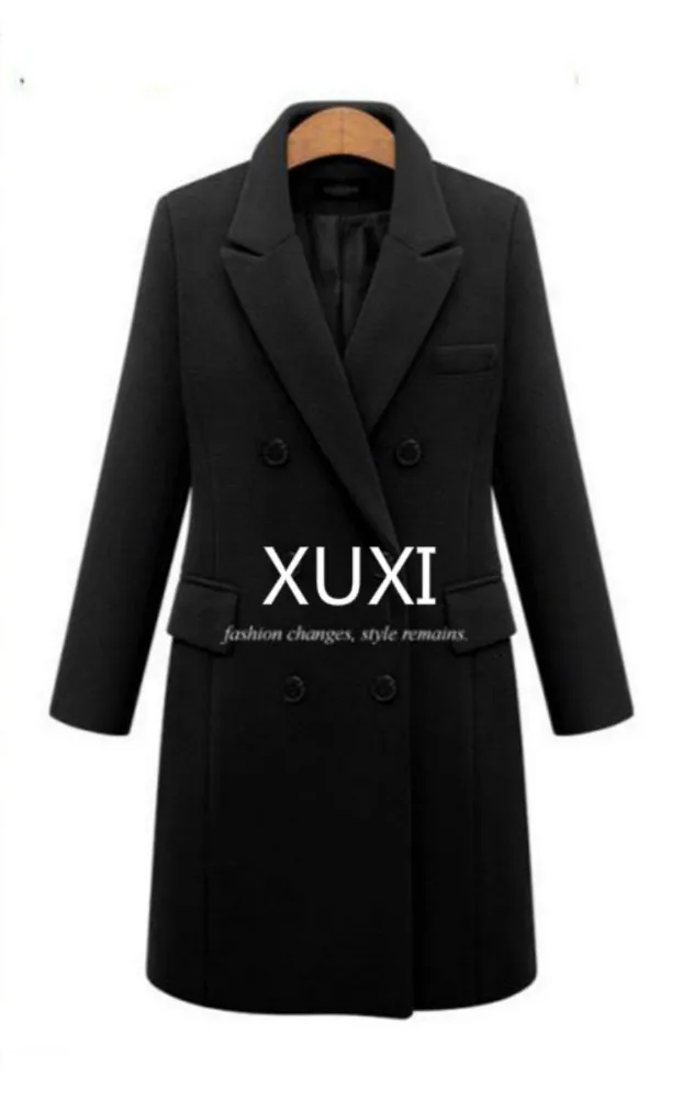 XUXI, женское осенне-зимнее пальто, повседневные шерстяные однотонные куртки, блейзеры, женское элегантное двубортное длинное пальто, Дамский Размер 5XL FZ244