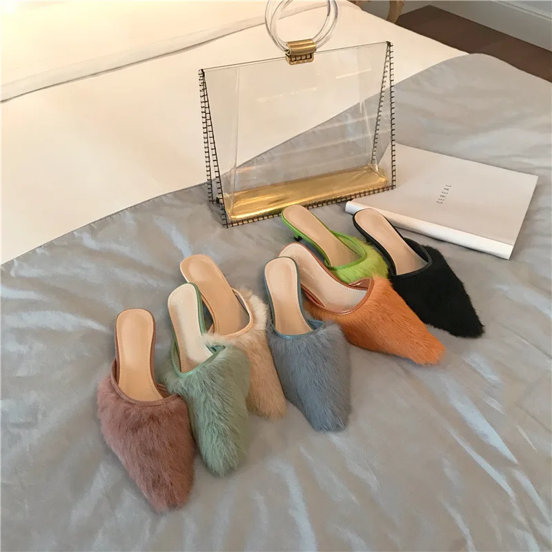 

2020 Autumn and Winter New Stiletto Fur Muller Slipper European Station Pointed-Toe Fairy Sandals
