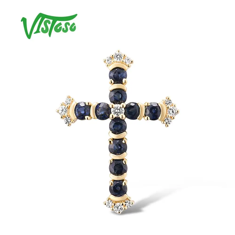 VISTOSO золотые подвески для женщин подлинный 14K 585 Желтое золото крест кулон синий