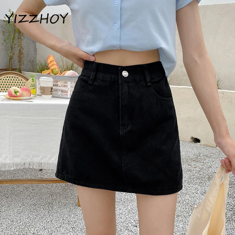 

YIZZHOY Summer Women Classic Solid Color A-line Denim Skirts Female Elastic Waist Ladies Casual Pink Black Jeans Skirt