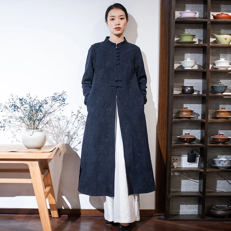 Женский жаккардовый Тренч с воротником стойкой и пуговицами лягушками темно