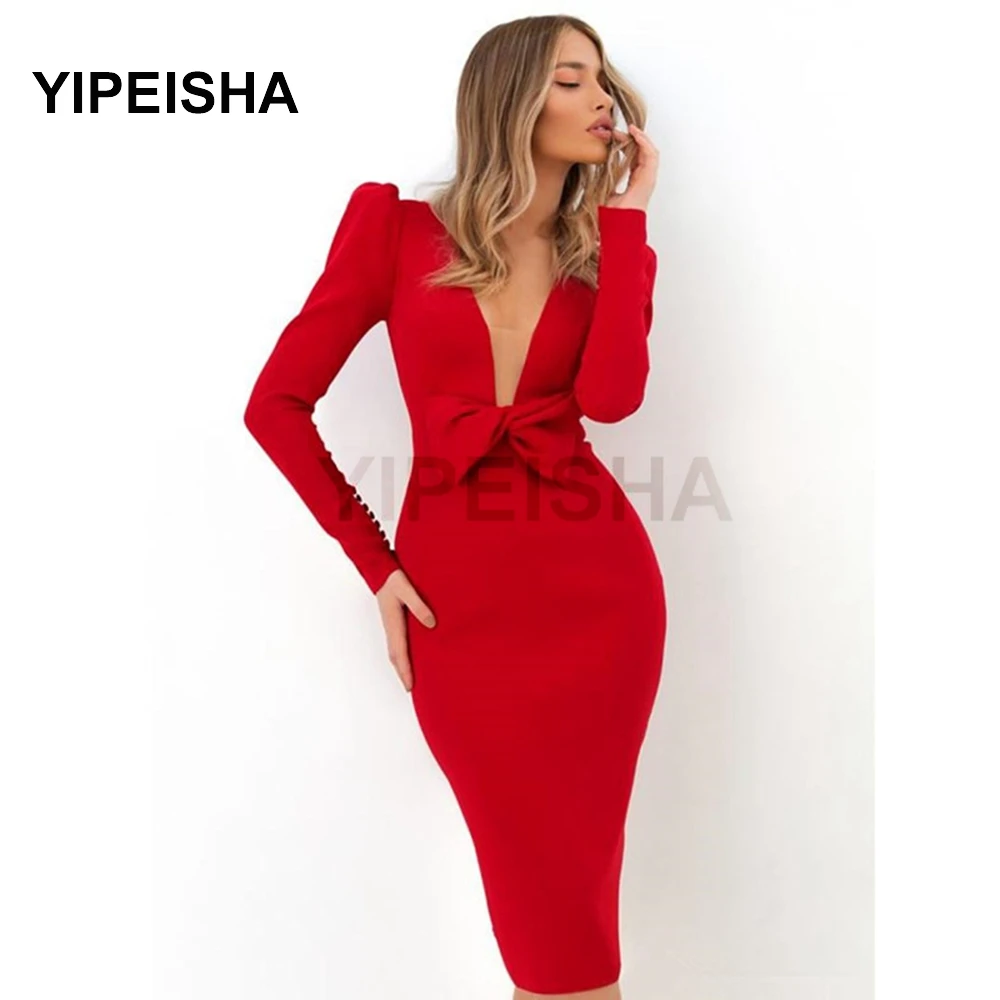 

Sexy Red Deep V-Neck Evening Dress Bow Long Sleeves Simple Mermaid Formal Prom Party Gown robe de soirée de mariage