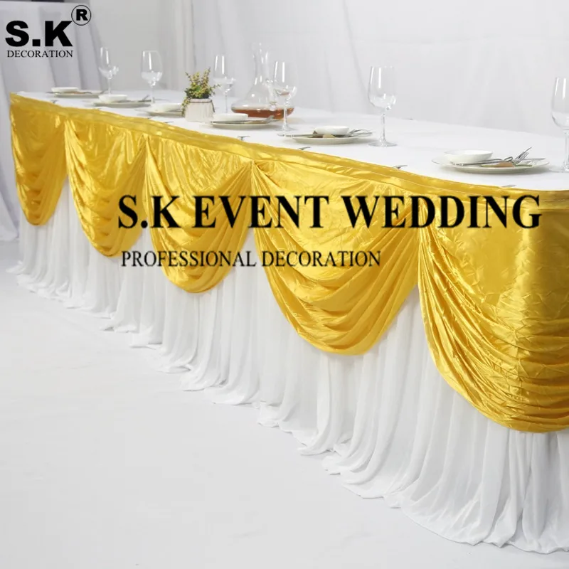 10FT ארוך לבן קרח משי שולחן חצאית שולחן בד עוקף עם צבע Swag וילון לחתונה אירוע אירועים קישוט
