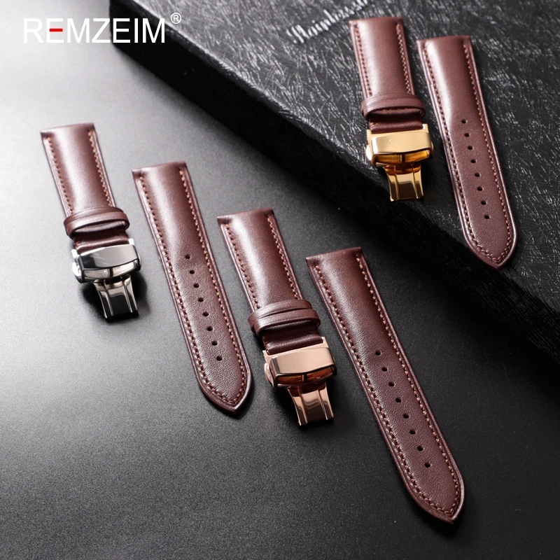 Calfskin Leather Watchband Soft Material Watch Band Wrist Strap 18mm 20mm 22mm 24mm With Stainless Steel Butterfly buckle