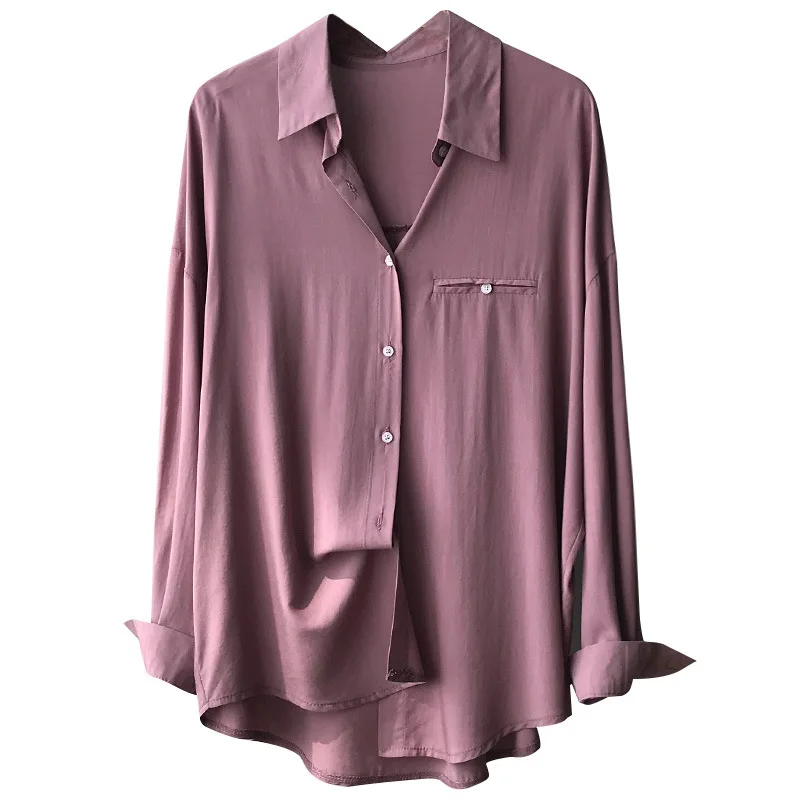 

Рубашка Женская атласная, шелковая, с длинным рукавом, свободная, осень 2020