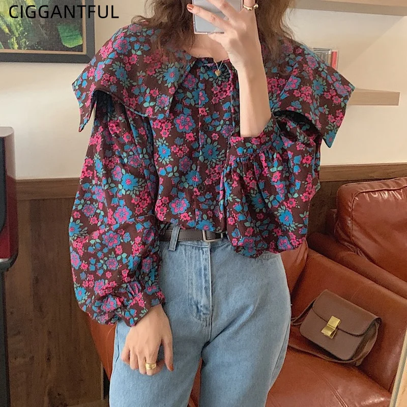 

Korean Floral Lantern Sleeve Shirt Women Spring Autumn New Irregular Large Lapel Buttoned Loose Vintage Fashion Blouse Sweet Top