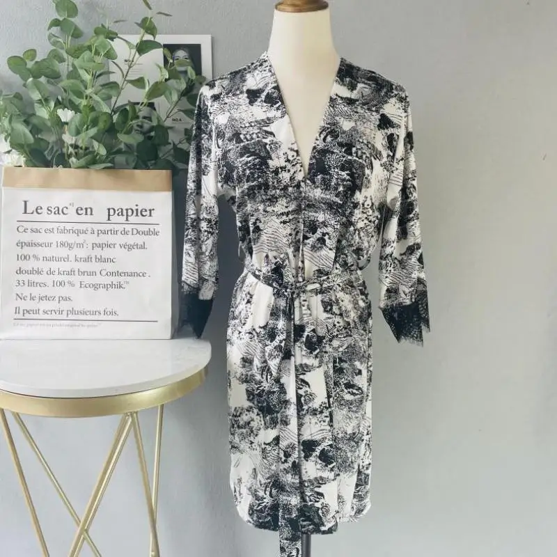 

Summer Robe Gown Ink Painting Kimono Bathrobe Sexy Spring Women Sleepwear Lingerie V-Neck Nightwear Lace Trim Lounge Wear